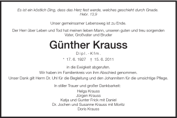 Traueranzeige von Günther Krauss von Schwäbische Post