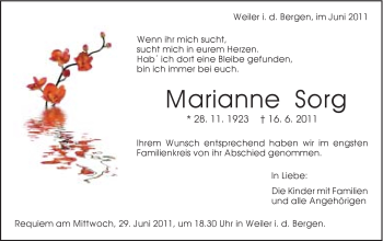 Traueranzeige von Marianne Sorg von Gmünder Tagespost