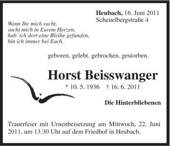 Traueranzeige von Horst Beisswanger von Gmünder Tagespost