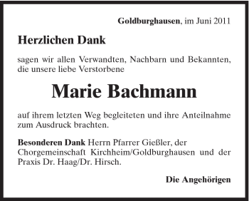 Traueranzeige von Marie Bachmann von Schwäbische Post