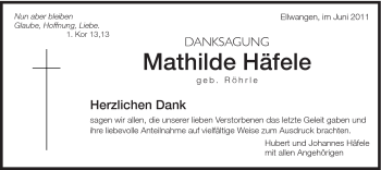 Traueranzeige von Mathilde Häfele von Schwäbische Post