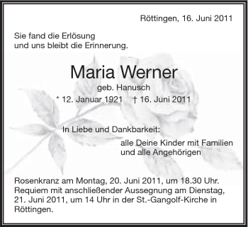 Traueranzeige von Maria Werner von Schwäbische Post