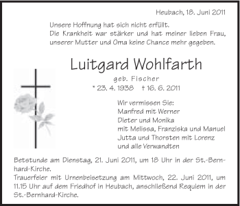Traueranzeige von Luitgard Wohlfarth von Gmünder Tagespost