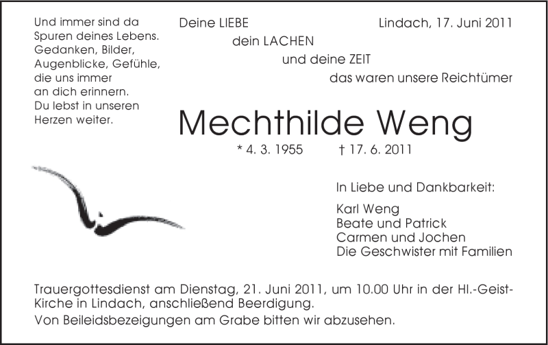  Traueranzeige für Mechthilde Weng vom 20.06.2011 aus Gmünder Tagespost