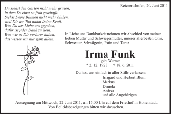 Traueranzeige von Irma Funk von Schwäbische Post