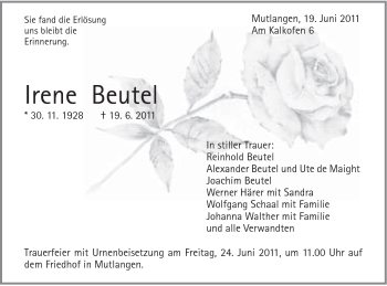 Traueranzeige von Irene Beutel von Gmünder Tagespost