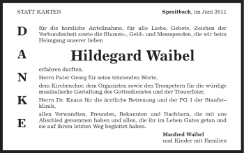 Traueranzeige von Hildegard Waibel von Gmünder Tagespost