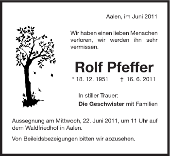 Traueranzeige von Rolf Pfeffer von Schwäbische Post