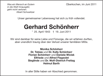 Traueranzeige von Gerhard Schönherr von Schwäbische Post