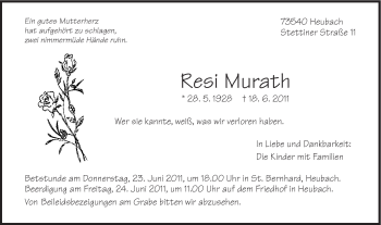 Traueranzeige von Resi Murath von Gmünder Tagespost