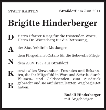Traueranzeige von Brigitte Hinderberger von Gmünder Tagespost
