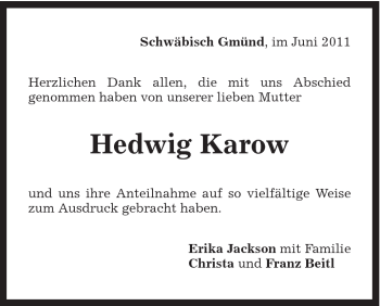 Traueranzeige von Hedwig Karow von Gmünder Tagespost