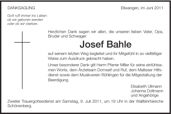 Traueranzeige von Josef Bahle von Schwäbische Post