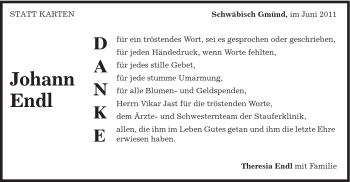 Traueranzeige von Johann Endl von Gmünder Tagespost