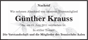 Traueranzeige von Günther Krauss von Schwäbische Post