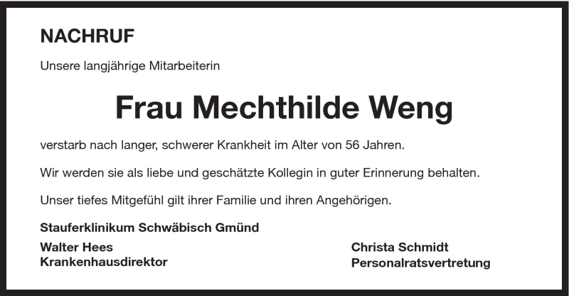  Traueranzeige für Mechthilde Weng vom 22.06.2011 aus Gmünder Tagespost