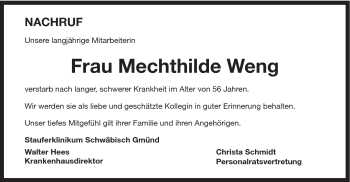 Traueranzeige von Mechthilde Weng von Gmünder Tagespost
