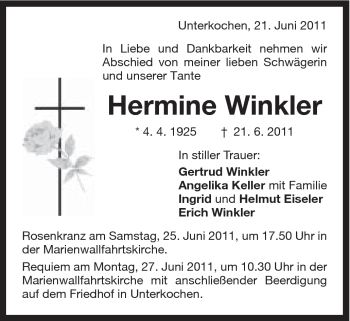 Traueranzeige von Hermine Winkler von Schwäbische Post