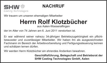 Traueranzeige von Rolf Klotzbücher von Schwäbische Post