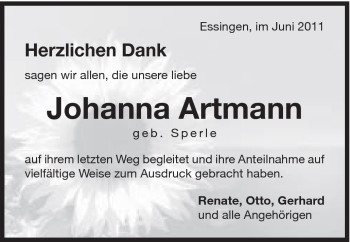 Traueranzeige von Johanna Artmann von Schwäbische Post