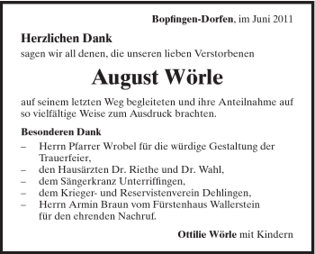 Traueranzeige von August Wörle von Schwäbische Post