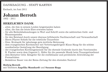 Traueranzeige von Johann Berroth von Gmünder Tagespost