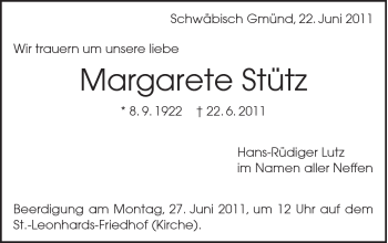 Traueranzeige von Margarete Stütz von Gmünder Tagespost