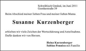 Traueranzeige von Susanne Kurzenberger von Gmünder Tagespost