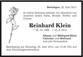 Traueranzeige von Reinhard Klein von Gmünder Tagespost