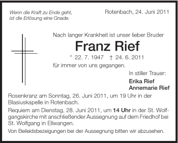 Traueranzeige von Franz Rief von Schwäbische Post