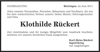 Traueranzeige von Klothilde Rückert von Gmünder Tagespost