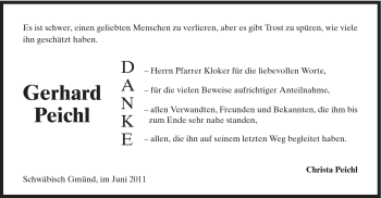 Traueranzeige von Gerhard Peichl von Gmünder Tagespost