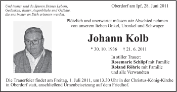 Traueranzeige von Johann Kolb von Schwäbische Post