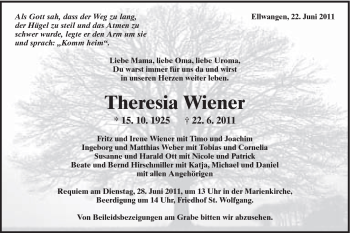 Traueranzeige von Theresia Wiener von Schwäbische Post