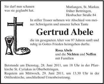 Traueranzeige von Gertrud Abele von Gmünder Tagespost