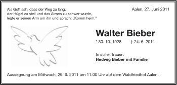 Traueranzeige von Walter Bieber von Schwäbische Post