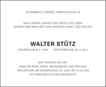 Traueranzeige von Walter Stütz von Gmünder Tagespost