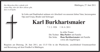 Traueranzeige von Karl Burkhartsmaier von Schwäbische Post