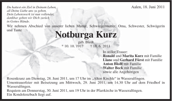 Traueranzeige von Notburga Kurz von Schwäbische Post