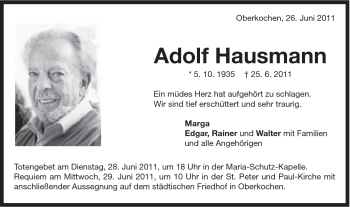 Traueranzeige von Adolf Hausmann von Schwäbische Post