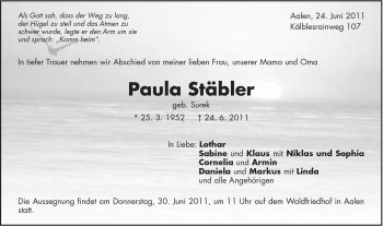 Traueranzeige von Paula Stäbler von Schwäbische Post