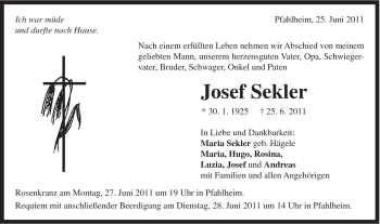 Traueranzeige von Josef Sekler von Schwäbische Post