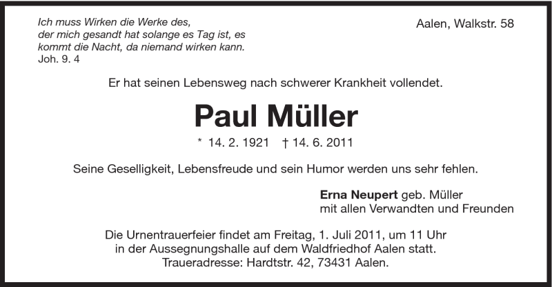  Traueranzeige für Paul Müller vom 28.06.2011 aus Schwäbische Post