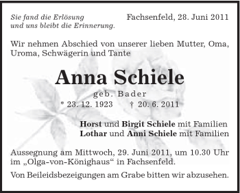 Traueranzeige von Anna Schiele von Schwäbische Post