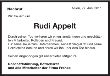 Traueranzeige von Rudi Appelt von Schwäbische Post