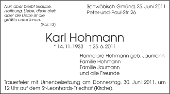 Traueranzeige von Karl Hohmann von Gmünder Tagespost