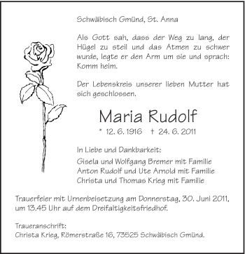 Traueranzeige von Maria Rudolf von Gmünder Tagespost