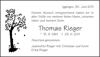 Traueranzeige von Thomas Rieger von Gmünder Tagespost