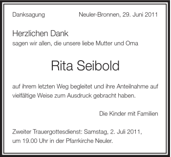 Traueranzeige von Rita Seibold von Schwäbische Post