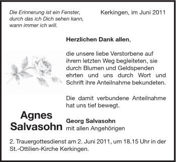 Traueranzeige von Agnes Salvasohn von Schwäbische Post